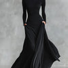 Adele – lang svart kjole i krepp med båthals og rynkede detaljer