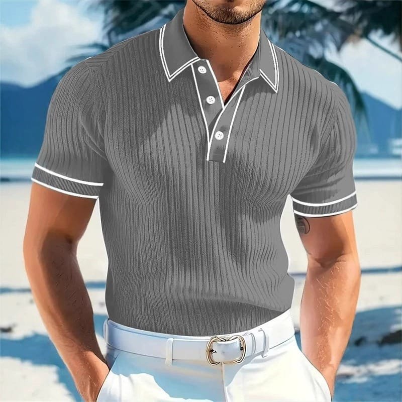 Adrian™ – Ribbestrikket Poloskjorte med Knapper
